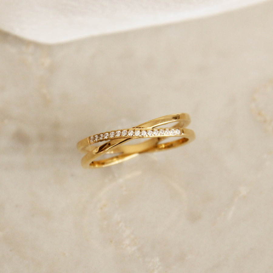 CROSSED DOUBLE BAND PAVE RING