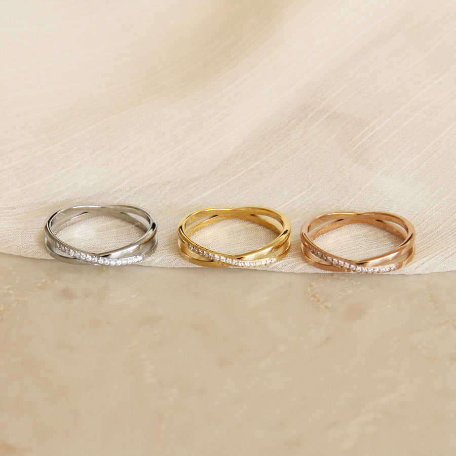 CROSSED DOUBLE BAND PAVE RING