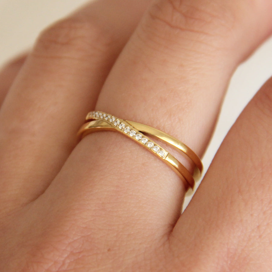 CROSSED DOUBLE BAND CZ RING